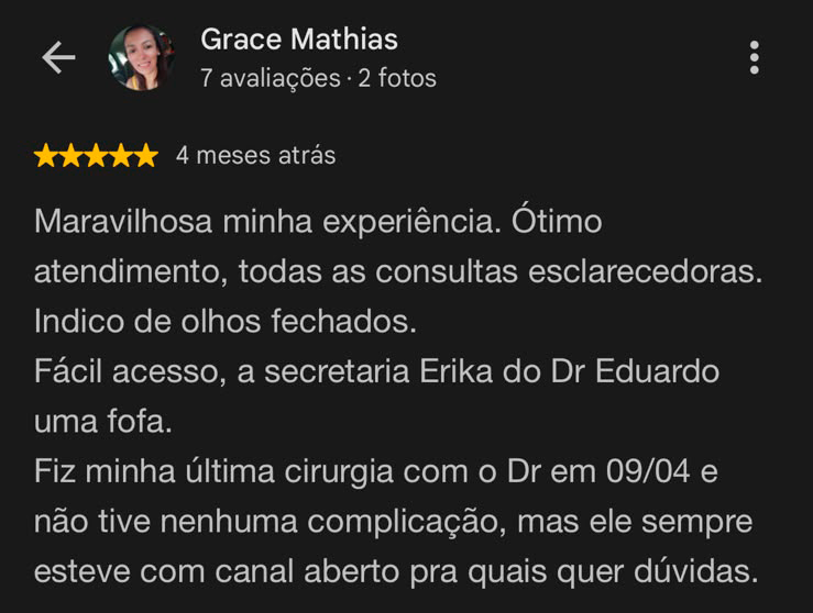 Depoimento de paciente 7 no Google